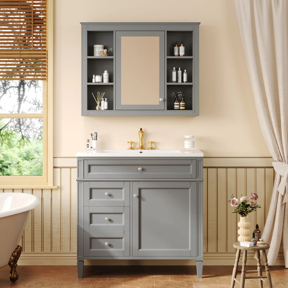 Modern Wood Bathroom Vanity and Medicine Cabinet with Drawers and Door