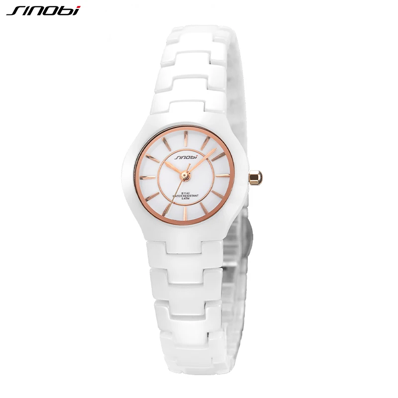 SINOBI Fashin White Ceramic Strap Woman Watches New Top Luxury Stainless S Ladies Quartz Wristwatches High Quality Women's Clock 2