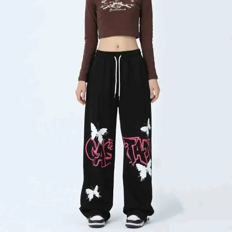 Hip Hop Streetwear Women Graffiti Butterfly Printing Casual Pants Spring Autumn Korean Fashion New Black Loose Wide Leg Trousers