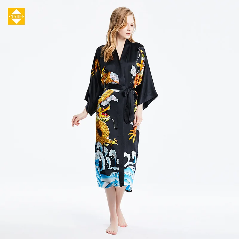 Hangzhou factory direct sales 100% Mulberry silk summer new kimono nightgown fabric elegant and comfortable long homewear