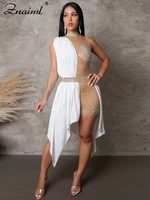Znaiml Sexy Nightclub One Piece Outfit Romper Playsuit Women Birthday Diamonds Rhinestones Mesh Streamer Side Irregular Jumpsuit