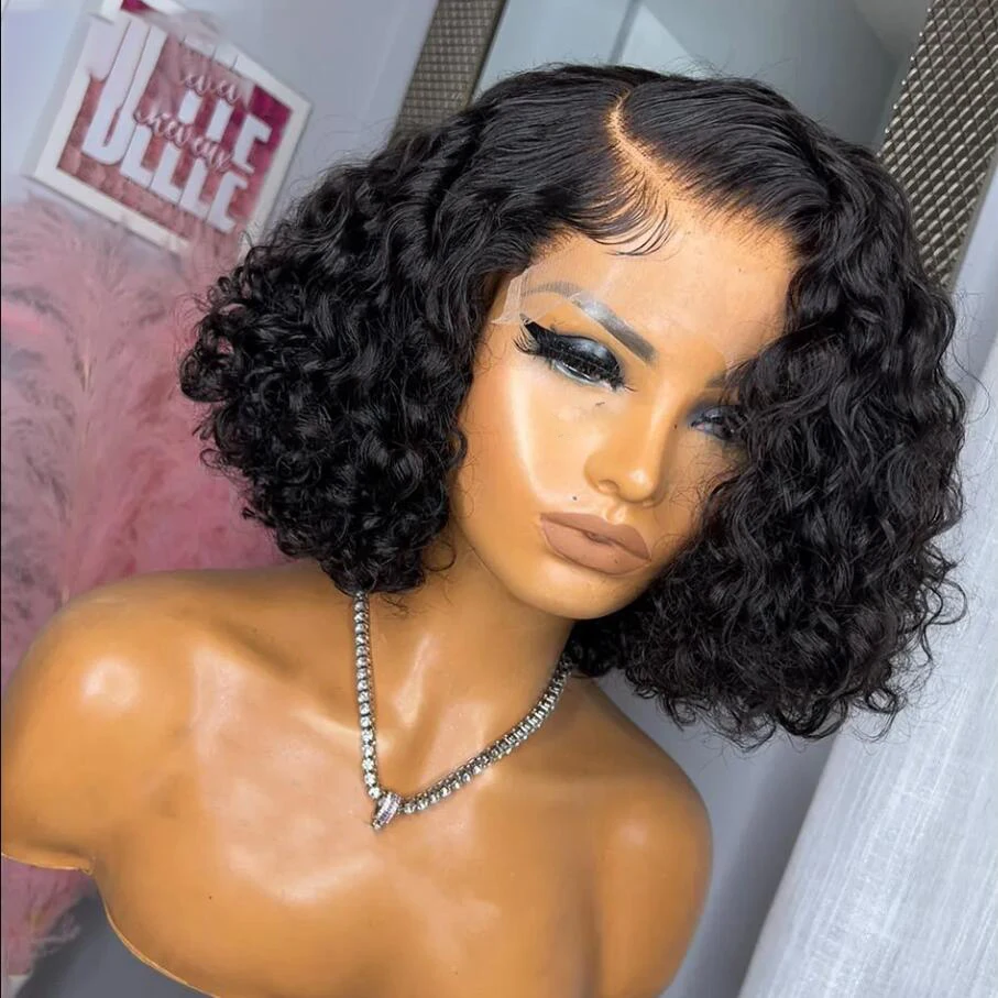 

Soft Short Cut Bob Natural Black Kinky Curly 180Density Deep Lace Front Wig For African Women Babyhair Preplucked Glueless Daily