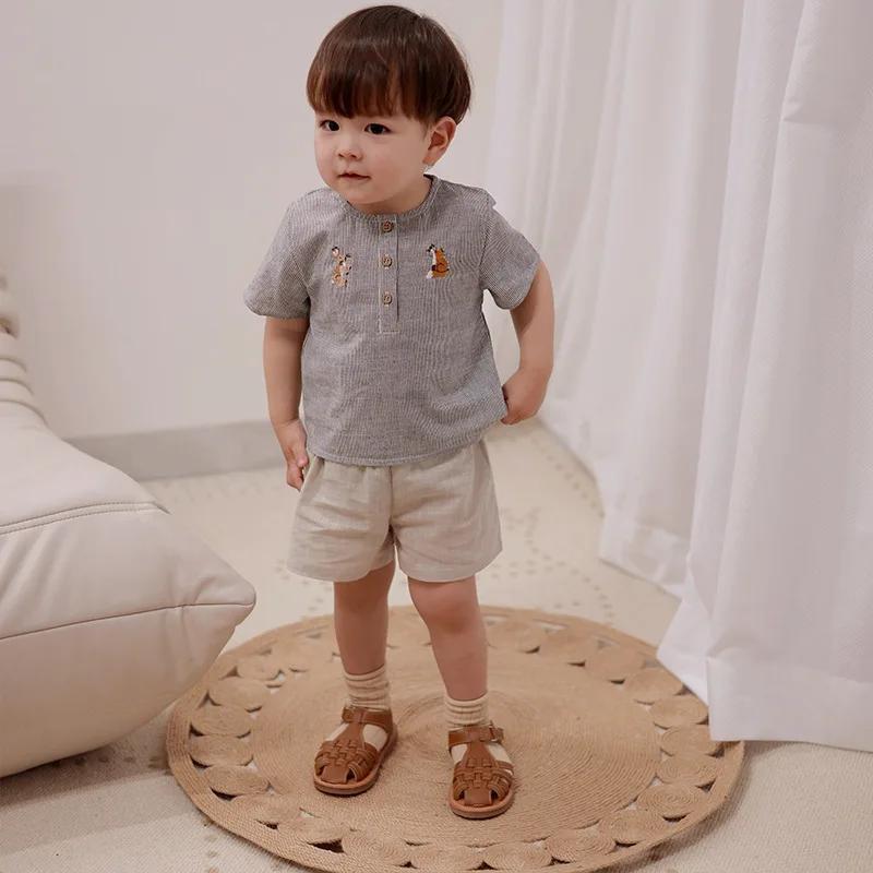 Clibeso Summer New Children's Loose Cotton Linen Top Boys' Solid Color Shirt Long Sleeve Embroidered Animals Kids Clothes