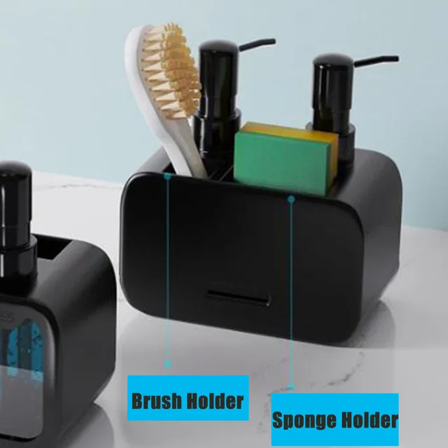 Organizer Lavello 3 In 1 Nero - Dispenser Sapone Per Mani E Piatti Con Portaspugna E Spazzole - Foto 5