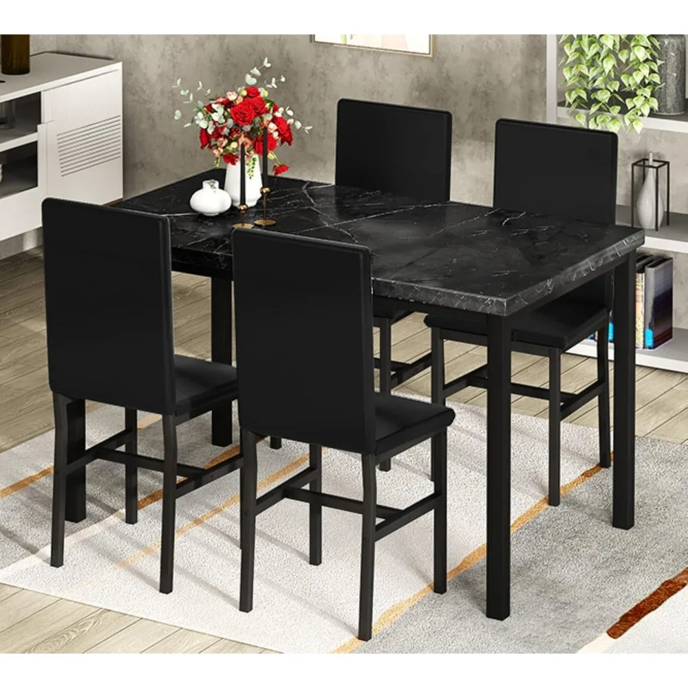 Black Kitchen Table and Chairs for 4, Compact Furniture 5-piece Dining Room Table Set Faux Marble