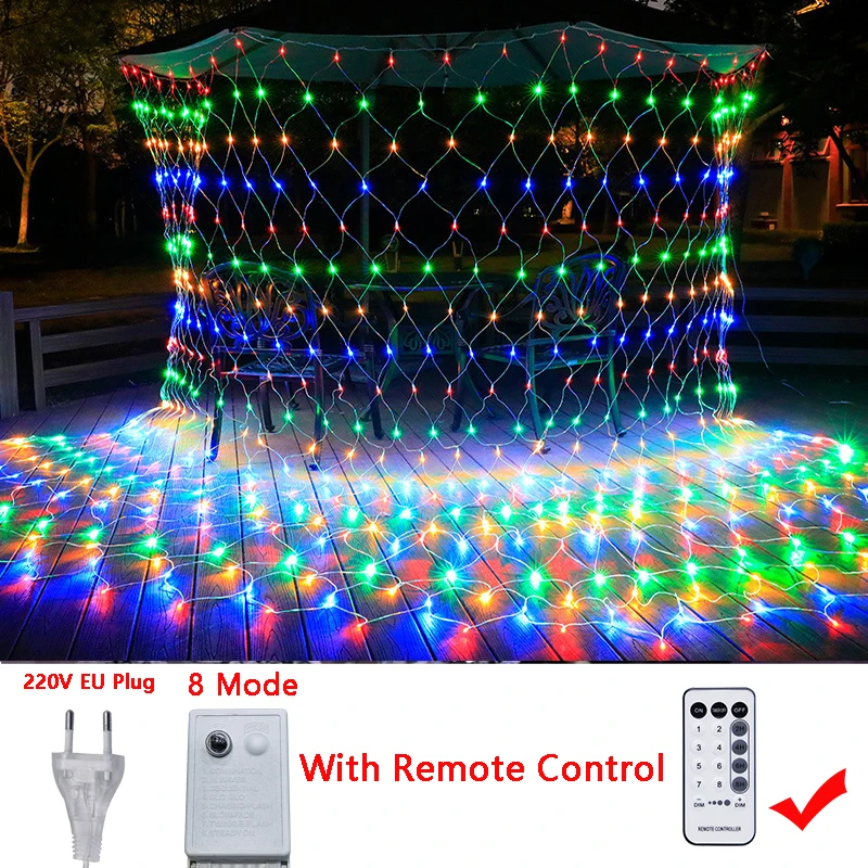 thumbnail image 1 of Guirnalda de luces LED de malla navideña de 3 m, 6 m, 12 m y 18 m, cortina de hadas para exteriores, resistente al agua, para fiestas, jardines, decoración de bodas, 1 of 5