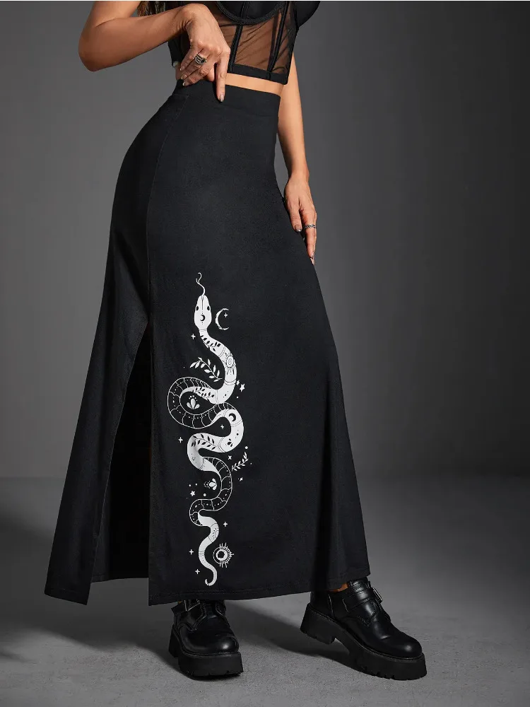 

2023 Dark Punk Style Grunge Snake Printed Maxi Skirts Mall Gothic Aesthetic Split Sexy Long Skirt Female High Waist Black Outfit