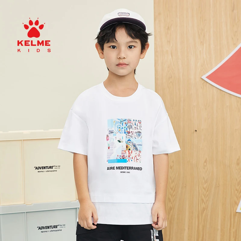 

Детская футболка KELME для мальчиков и девочек, летняя детская футболка из 100% хлопка с принтом, футболка 5224TX3013