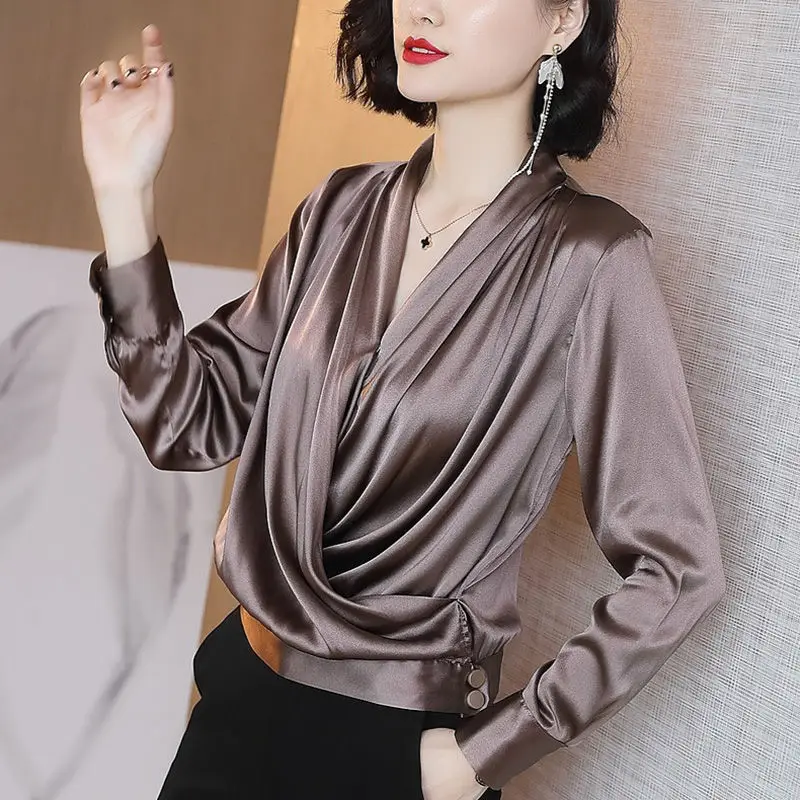 

Elegant V-Neck Solid Color Button Folds Satin Blouse Women's Clothing 2022 Autumn New Casual Pullovers Loose Office Lady Shirt