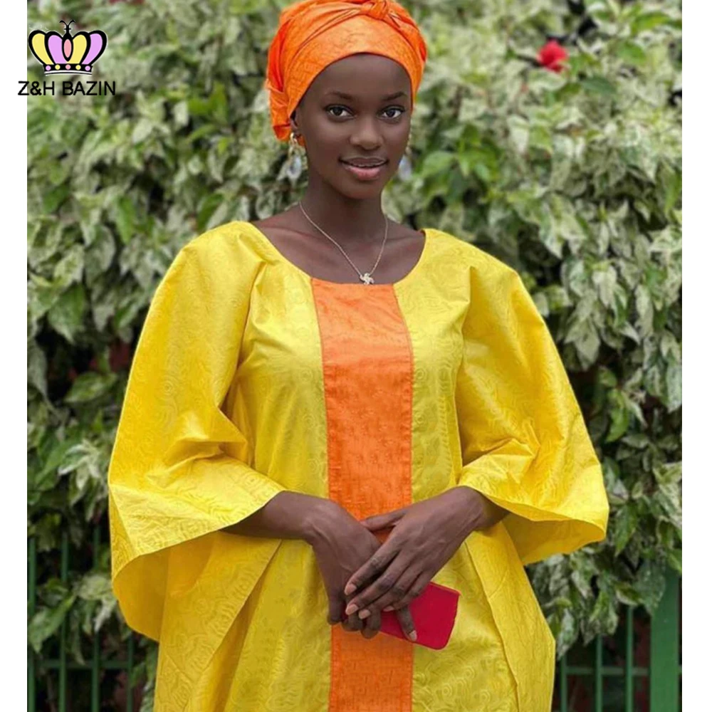 

Yellow Bazin Rich Dress With Scarf And Belt African Senegal Women Wedding Party Long Robe Nigerian Basin Dashiki Clothing Robe