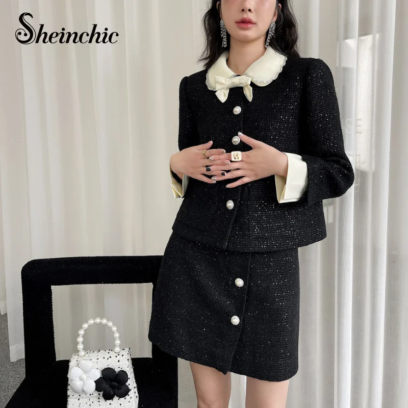 

Luxury Designers Clothing Women Elegant Bow Black Wool Coats+mini Skirt 2 Piece Sets Outfit 2023 Autumn Winter Clothes Outwear