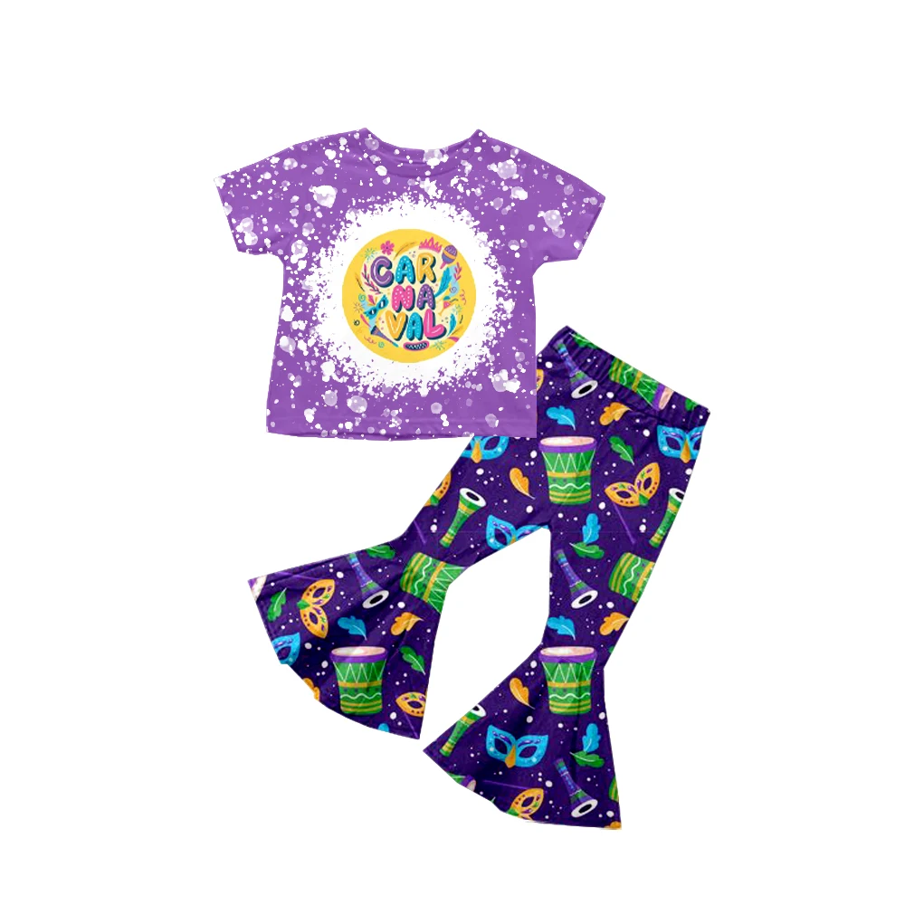 

Новая одежда для карнавала для девочек, фиолетовый топ с коротким рукавом, расклешенные брюки, костюм с маской и узором в виде барабана, молочная шелковая ткань