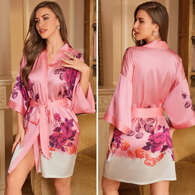 Navy Blue Floral Silk Satin Kimono-Style Nightgown