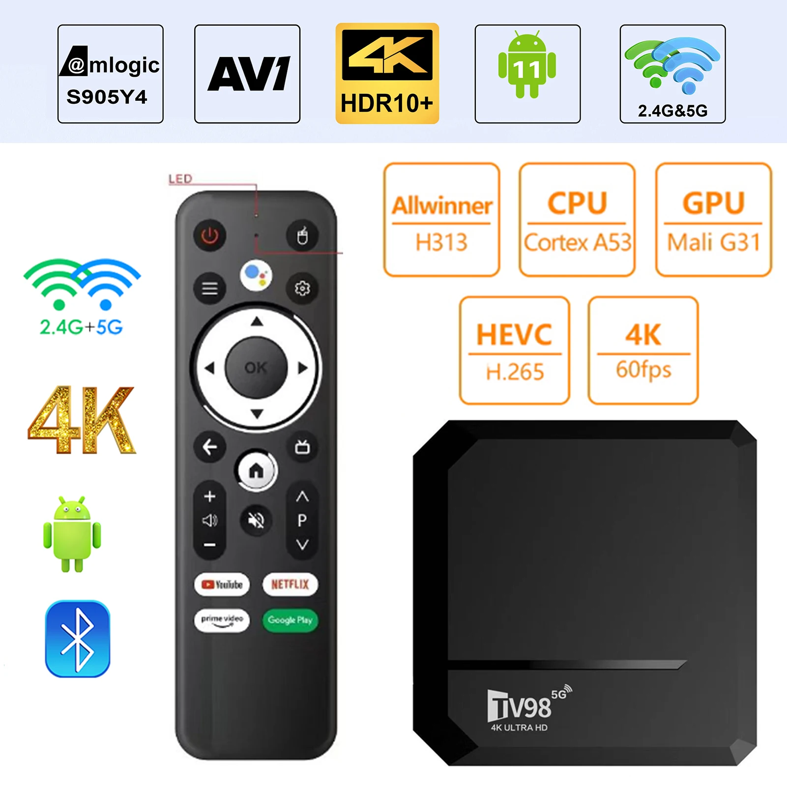 TV98 BT Set-Top Box Allwinner H313 Smart TV Stick Internet TV Box 5g Dual Wifi Bluetooth Smart Hd Voice Android12 Player TV Box