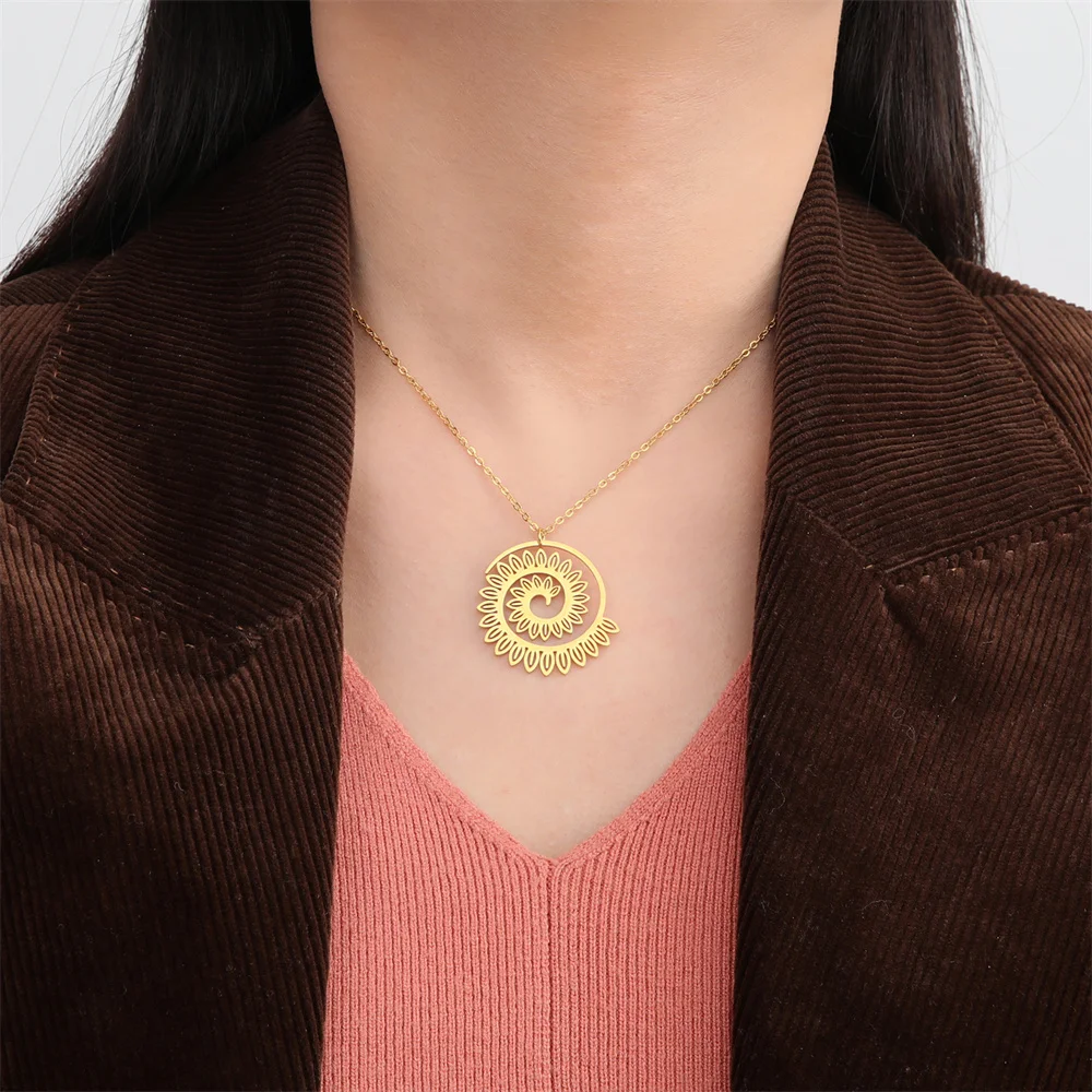 My Shape Spiral Circle Petal Necklaces for Women Men Stainless Steel Gold Color Baroque Aesthetic Flower Pendant Chain Jewelry