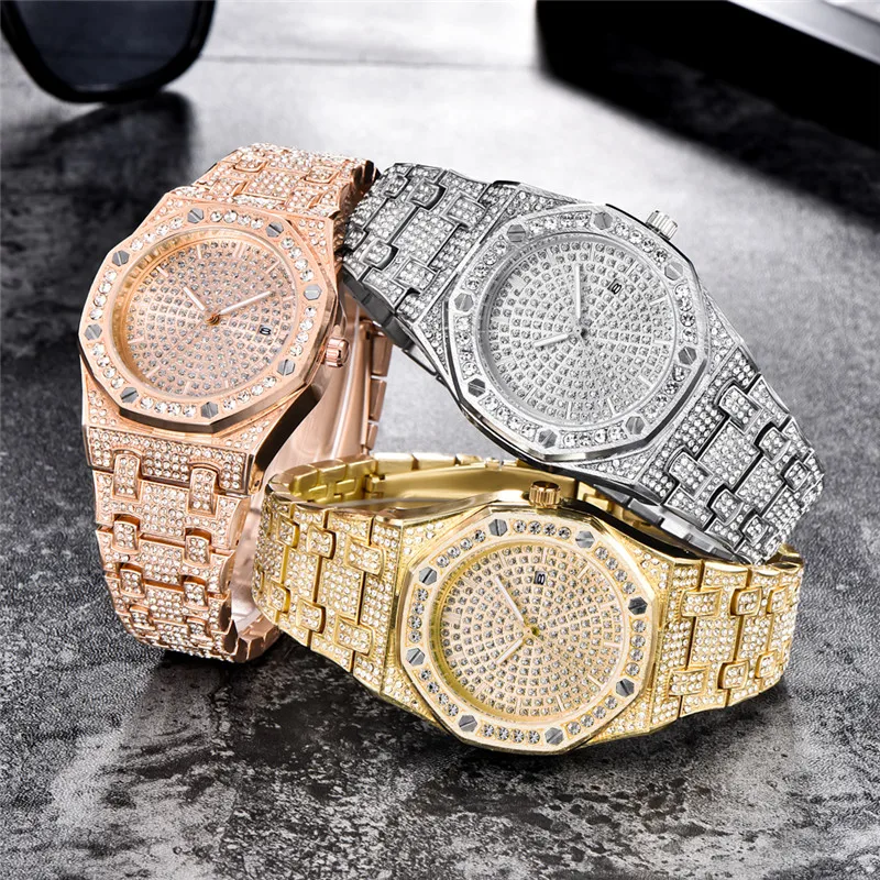 Original Famous Brand Men Watches Golden Fashion Alloy Band Luxury Diamond Date Vintage Quartz Wrist Watch Silver Reloj Hombre