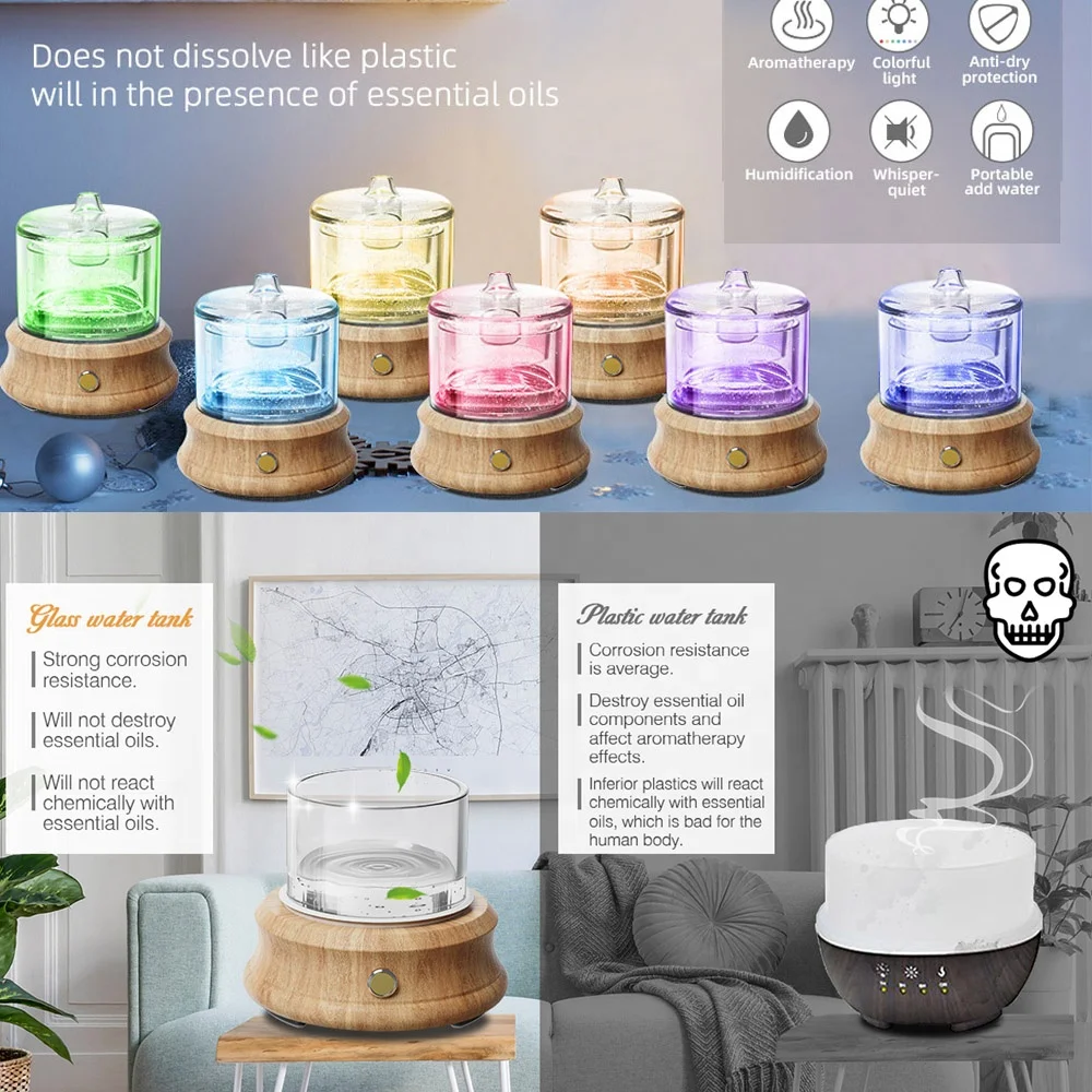 Glass Essential Oil Diffuser Humidifier Waterless Auto Shut-Off Colors Lights Aroma Diffusers For Bedroom Home Yoga Gift 80ML 3