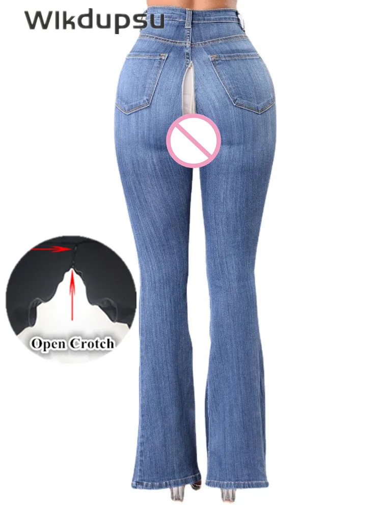 

Женские расклешенные джинсы с высокой талией, невидимые уличные сексуальные джинсы с молнией и открытой промежностью, брюки, одежда, сексуальные женские джинсовые брюки с эффектом пуш-ап