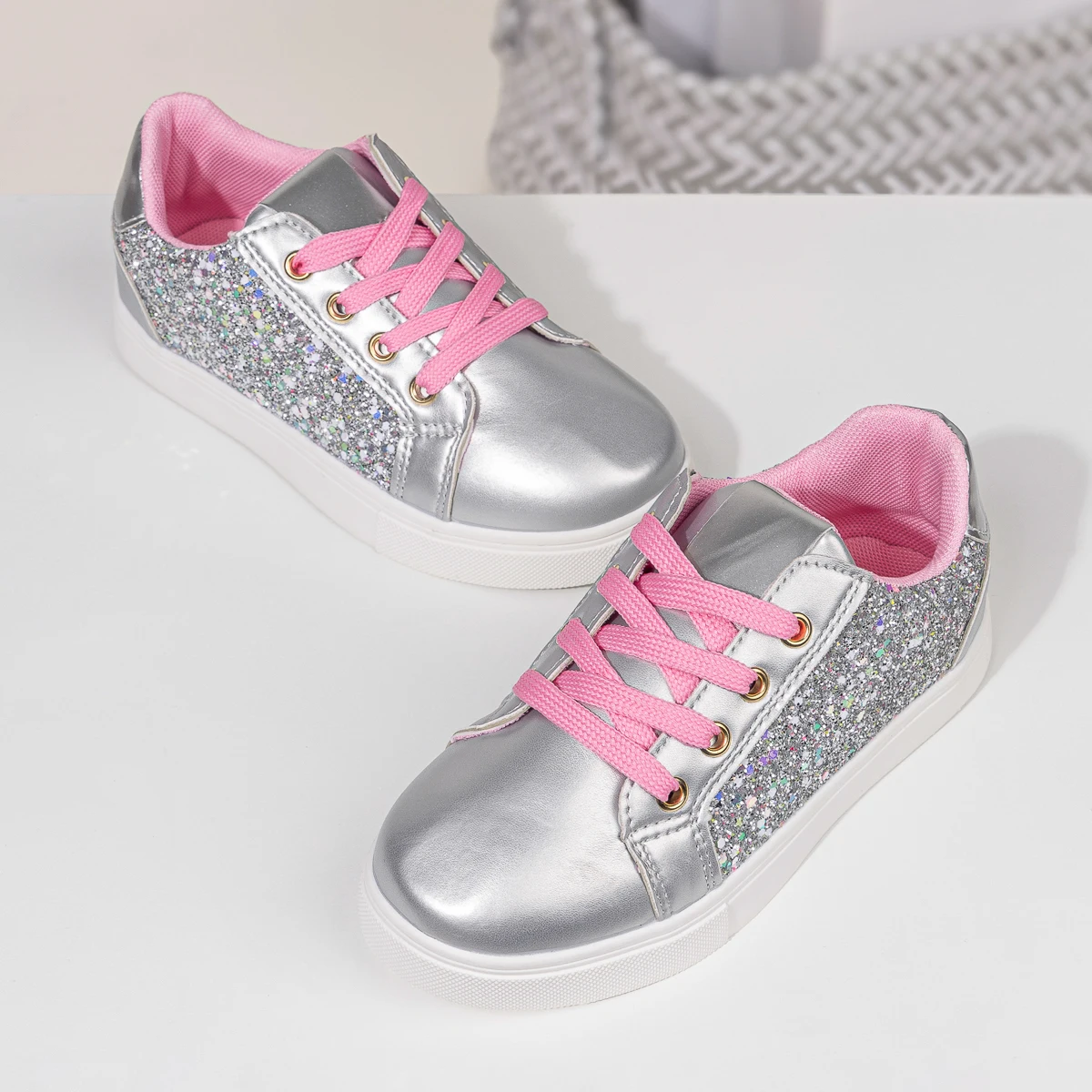 Girls' Casual Glitter Sneakers Multi-Color Sparkly Fashion Shoes Hook & Loop Non-Slip Kids Party Footwear - 6