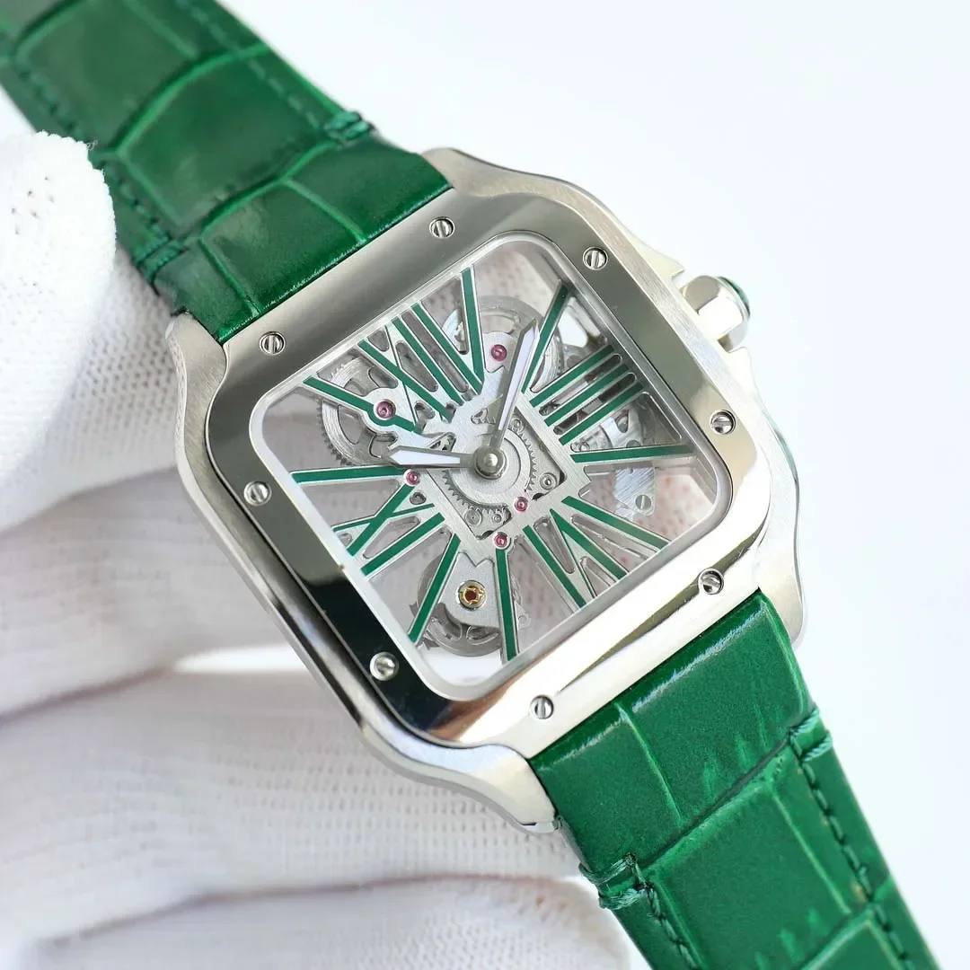 

Luxury New Quartz Watch for Men Square Watches Stainless Steel Black Green Leather Hollow dial Transparent Back Sapphire 39mm