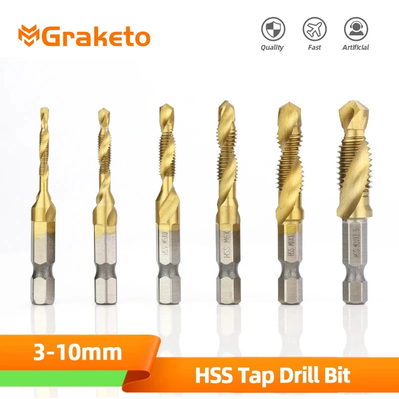 Hss Titanium Plated Tap Drill Bit Countersink Deburr Set High Speed Compound Screw Thread Bits Hand Tools 6pcs M3-M10