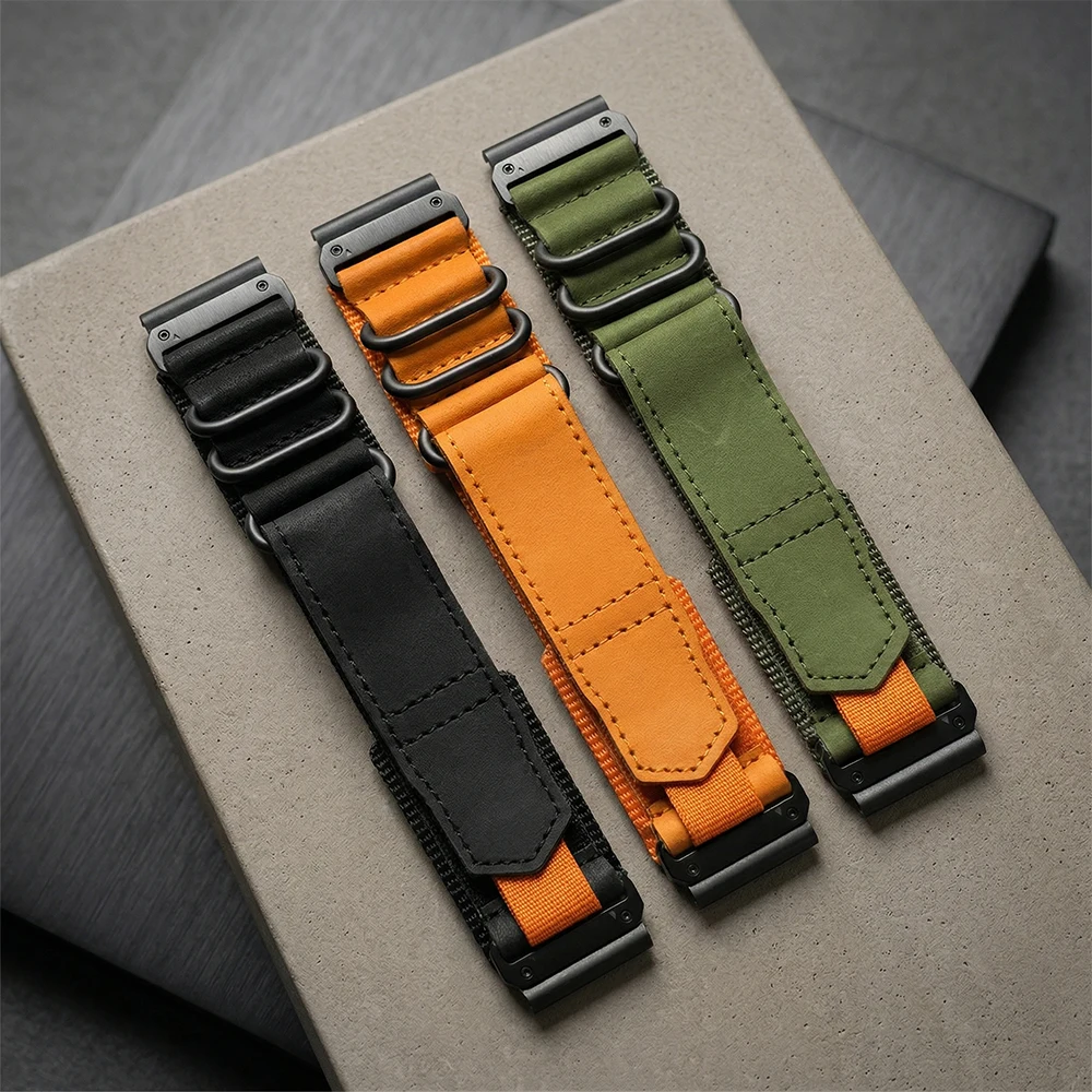 Rugged Hybrid Leather Nylon Watchband - 26mm Strap