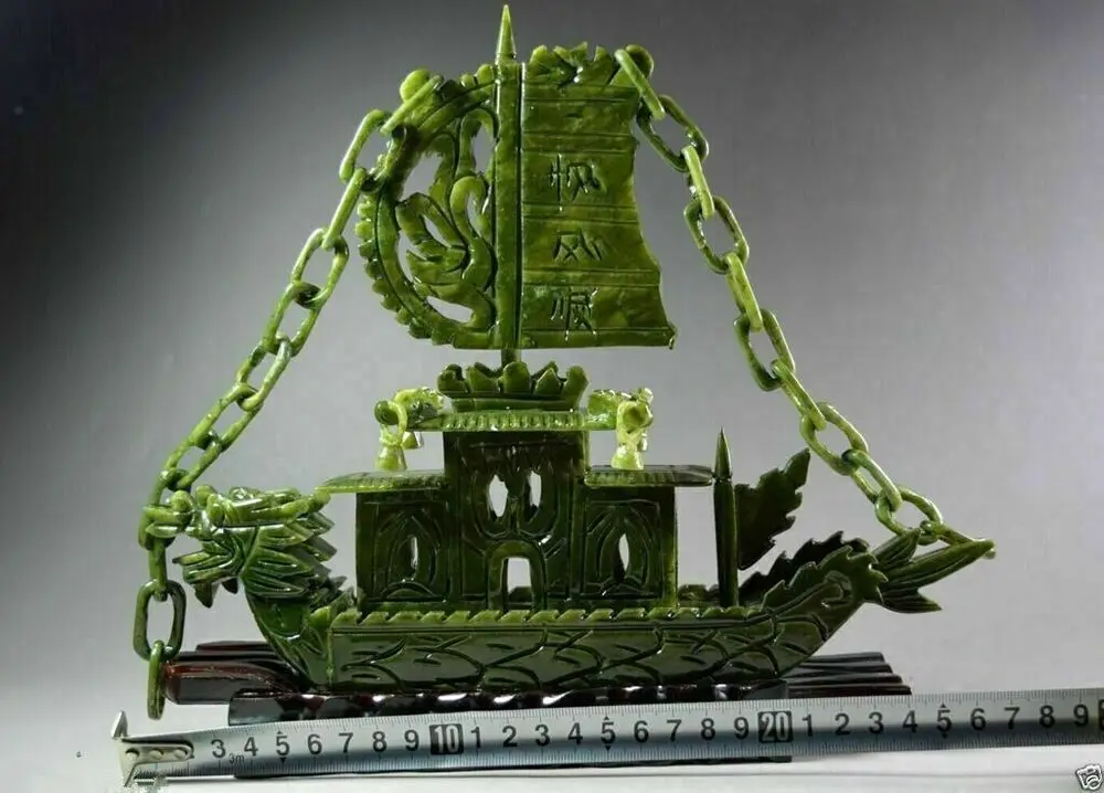 10.6" China Hand Hollow Carved 100% Natural Jade Dragon statue Dragon Boat 3