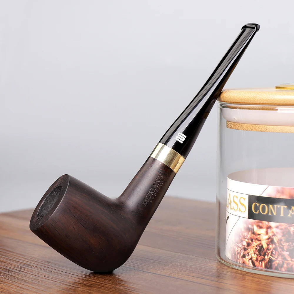 JIBILL Classic Straight Handle Billiard Pipe Sandalwood Tobacco Pipe Set Metal Decorative Ring 9mm Channel with Clean Set
