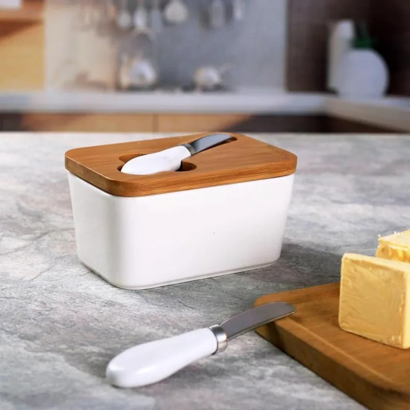 Simple Ceramic Butter Dish with Bamboo Cover Butter Knife Rectangular Sealed Jar Western Cheese Box Storage Jar Tableware butter storage box,ceramic sauce dishes