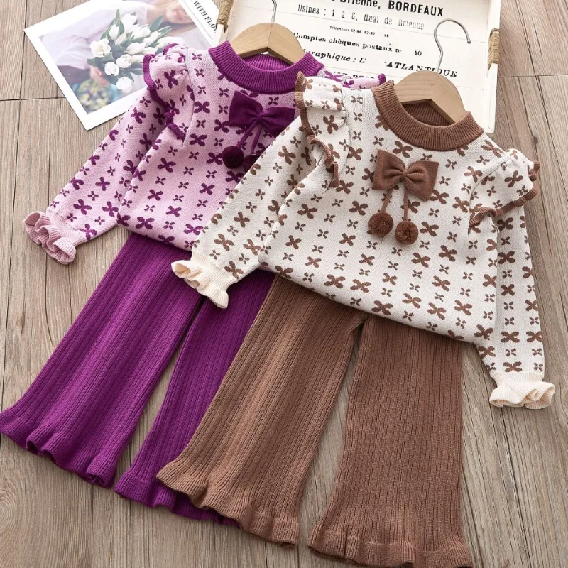 Little Surprise Box 2pcs Magenta Flower Bunch Knitted Cardigan and shorts Winterwear set for girls main image 1
