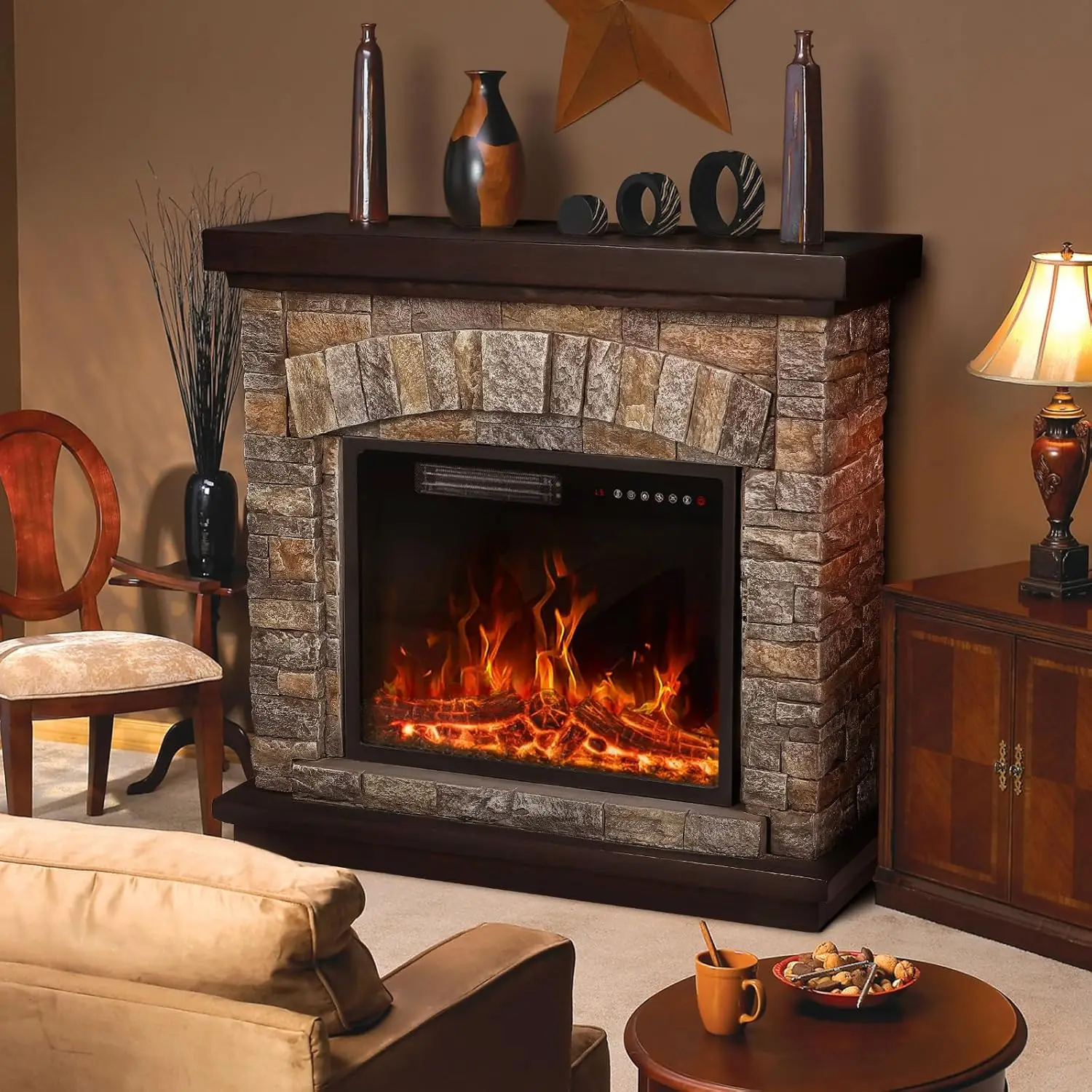 Electric Fireplace with Mantel,Freestanding Stone Fireplace Heater TV Stand with Remote Control, Realistic Flame Effect &3D Log 6