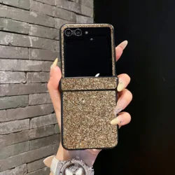 Sparkling Rhinestones Glitter Leather Phone Case with Shiny Hard PC Cover for Motorola Razr+ 2025 (Deep Gold)