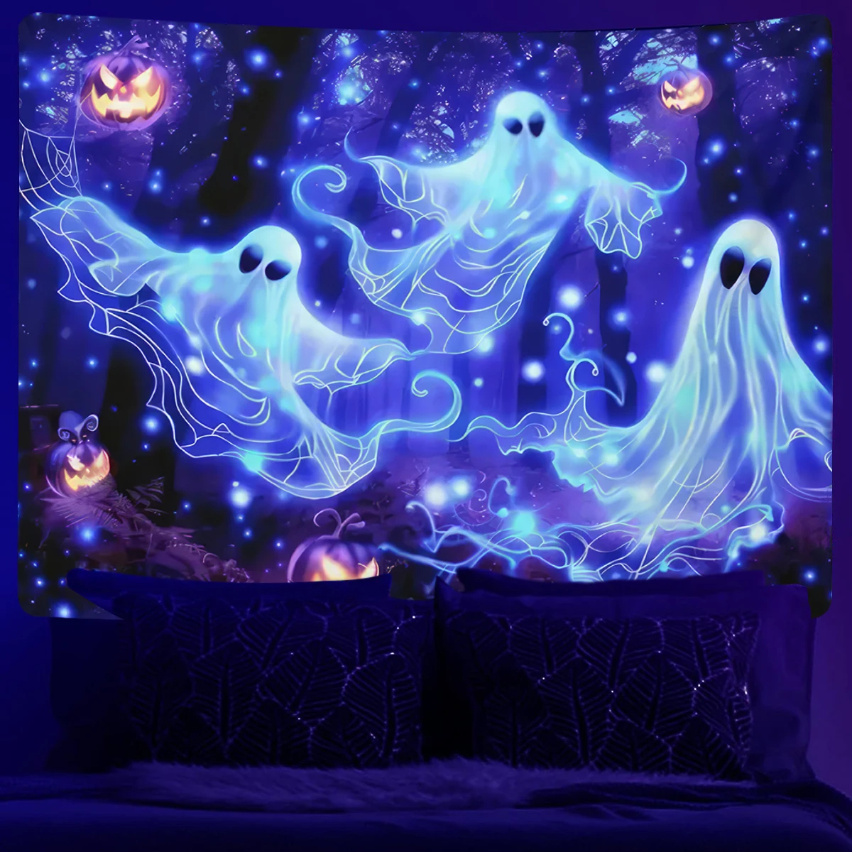 Large UV Reactive Forest Ghost & Pumpkin Tapestry Wall Hanging Halloween Decoration Blacklight Bats Night Sky Home Room Decor