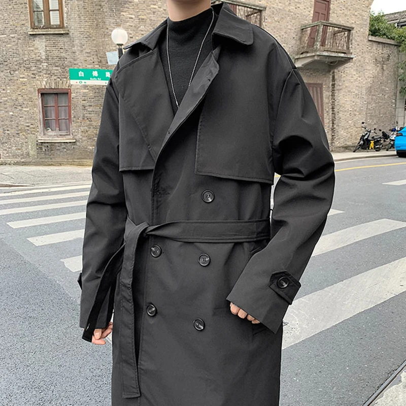 Trench Men Design Pockets Solid Double Breasted Oversize Leisure Teens Long Coats Sashes Stylish Outwear Hombre Korean Style BF