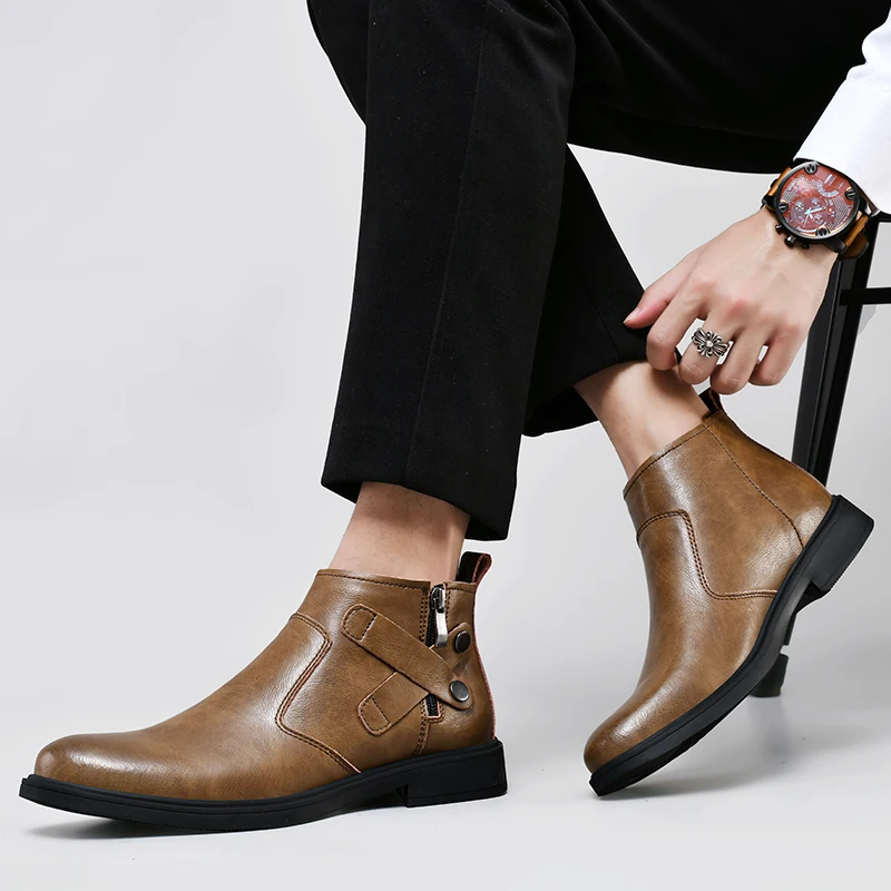 

Spring/ Winter Elegant Chelsea Boots Luxury Mens Casual Leather Business Shoes Men Slip-on Dress Formal Boots Model Fashion Show