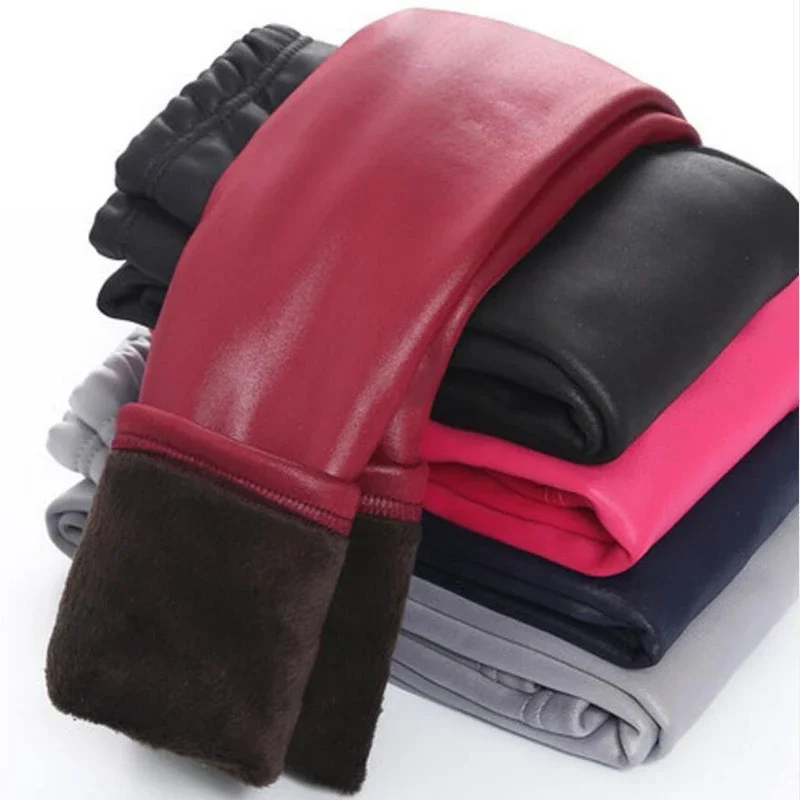 Baby Girls Winter Leather Leggings 3-12 Yrs Solid Skinny Boys Pants Flannel Warm PU Pencil Kids Pants Children Trousers girls pants boys pants kids pants girls trousers