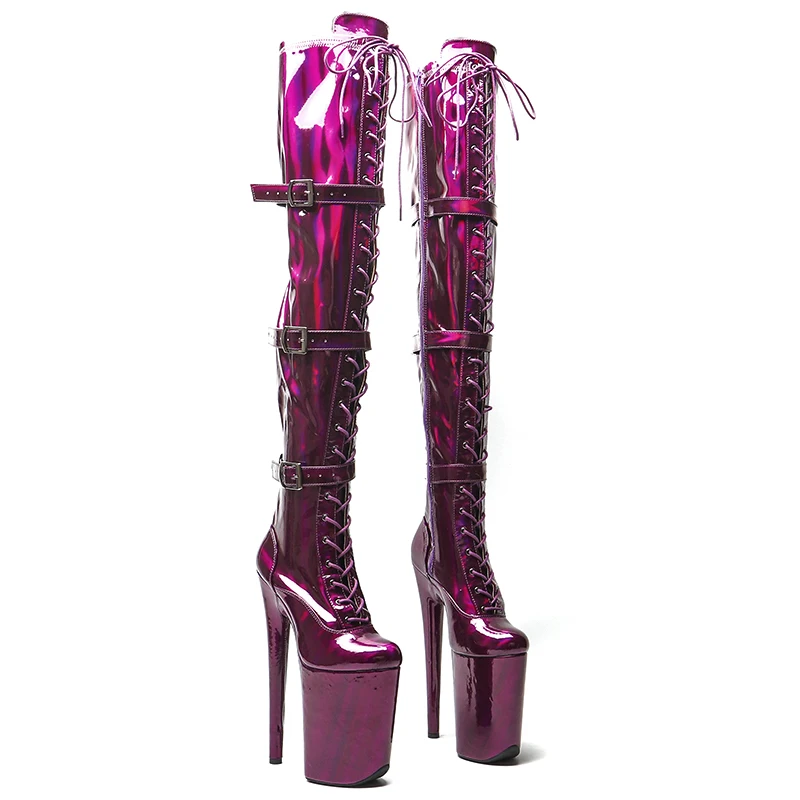 Leecabe   23CM/9inches Shiny  material PU  fashion  lady  High Heel platform  Pole Dance boots
