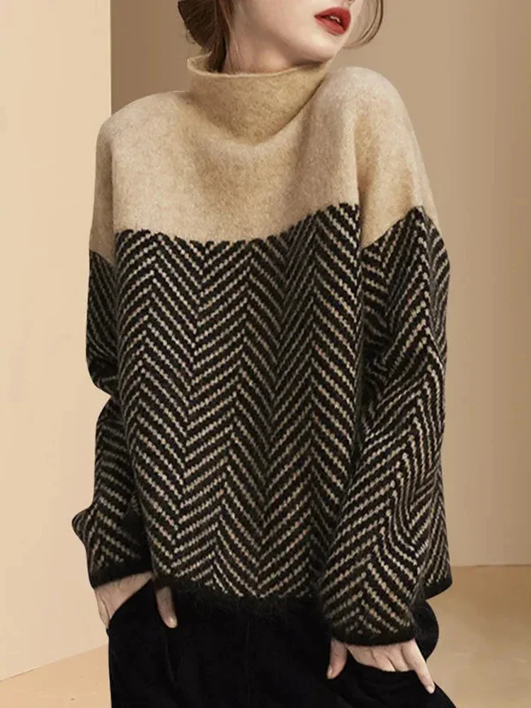 

Knitted Pullover 2024 Keep Warm Retro Semi-turtleneck Autumn Winter New Loose Sweater Office Fashion Tops Lady Sweater Women