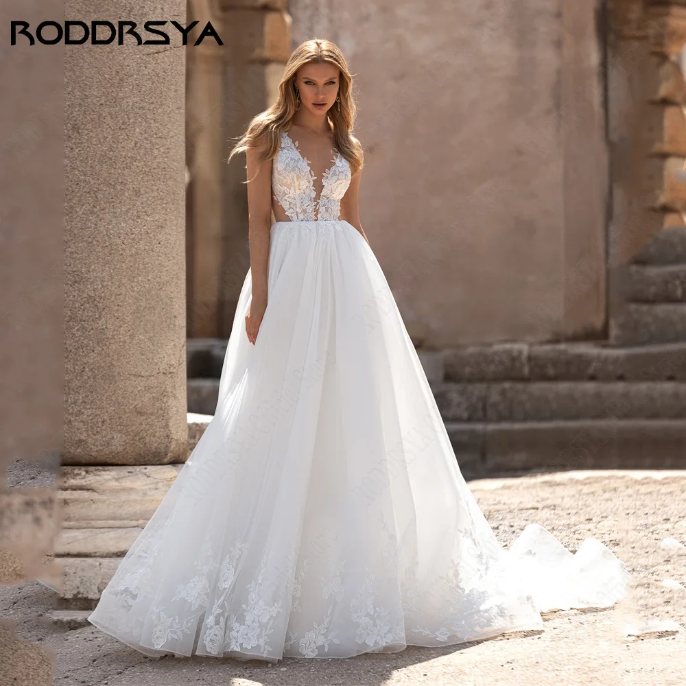 

RODDRSYA Charming Sleeveless Lace Wedding Dreses Sexy Backless Applique Bride Gowns A-Line Tulle Civil vestidos de novia 2023