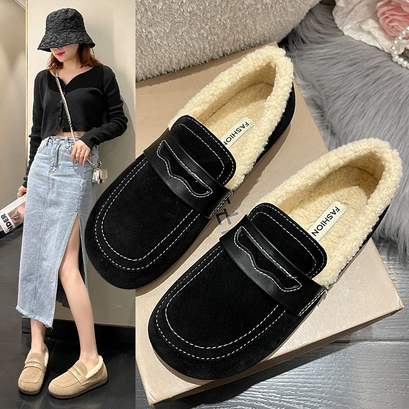 

Туфли женские с закрытым носком, мягкие лоферы, меховой круглый носок, повседневные кроссовки, базовая обувь, Осень-зима