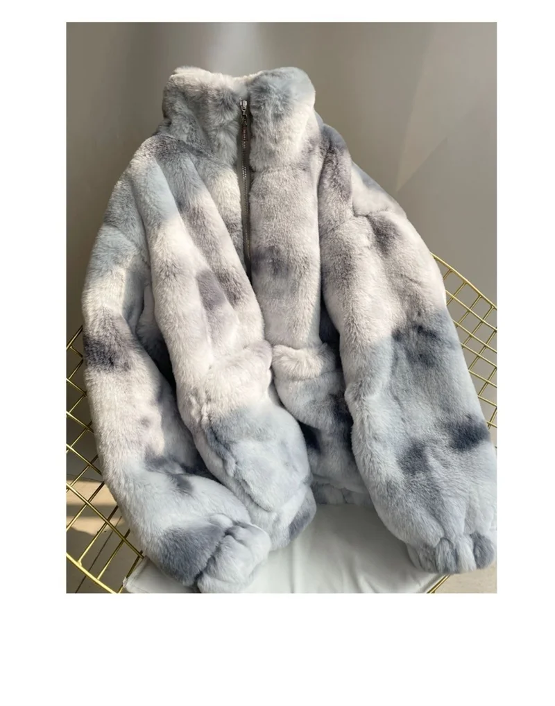 2023 Tie Dyed Rabbit Hair Imitation Plush Mid length Standing Collar Loose Casual Cotton Dress Thickened Lamb Hair Coat Women's