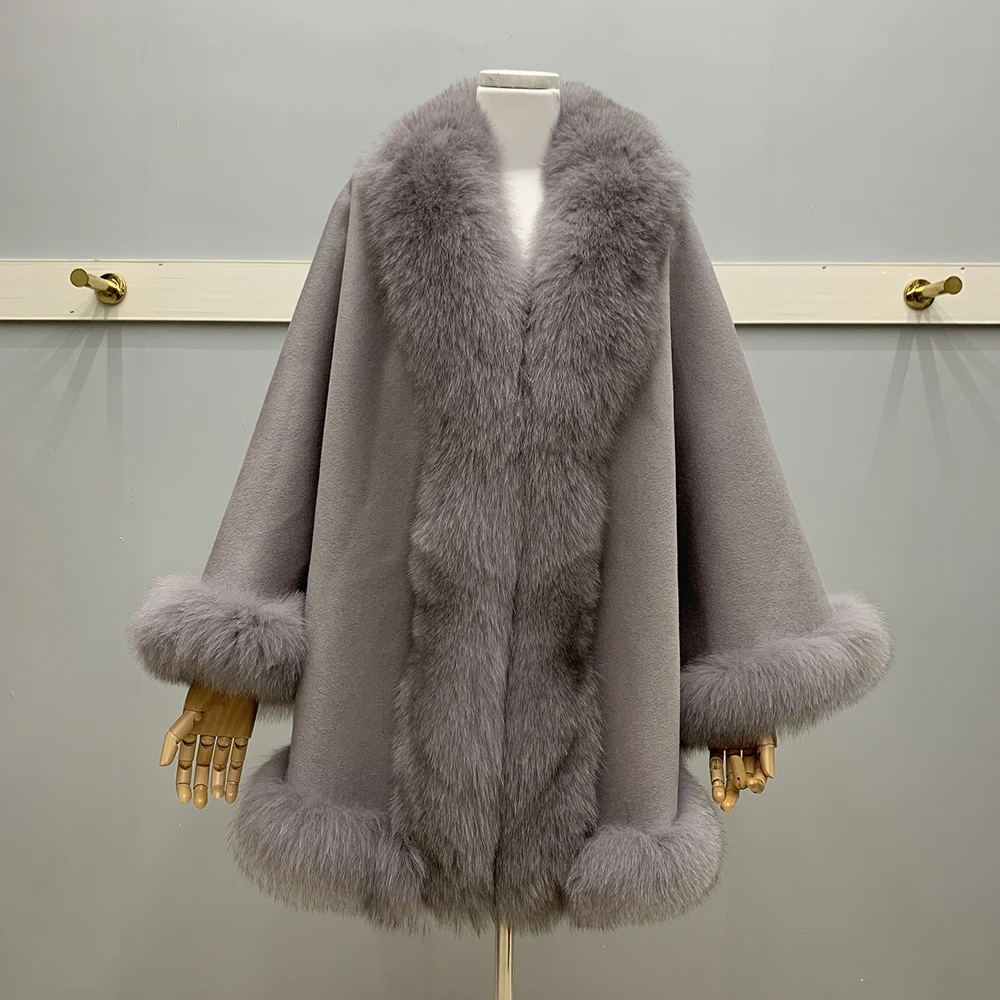 

MENINA BONITA 2023 Wool Blends Real Fur Coat Cloak Ladies' Ponchos Capes with Real Fox Fur Women Winter Jacket Shawl Luxury Warm