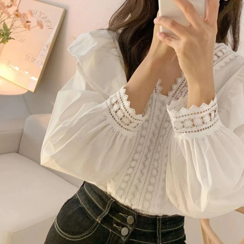 New Fashion V-neck Ruffled Bubble Sleeves Women's Long-sleeved White Shirt Elegant Casual Office Top Pullover Shirt