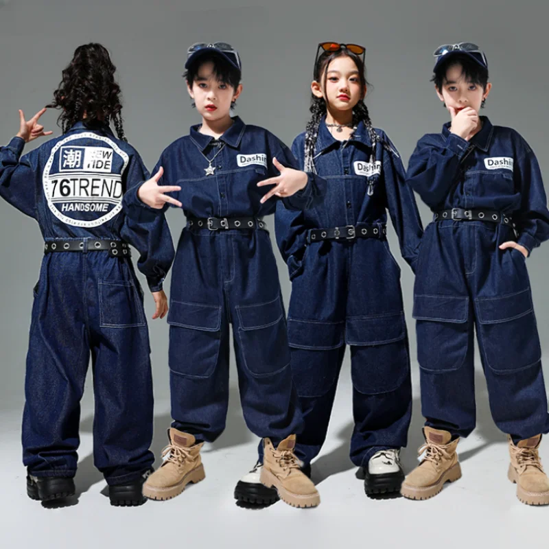 

Kids Street Dance Denim Overalls Rompers Boys Hip Hop Bodysuit Girls Cargo Jeans Pants Jumpsuits Children Streetwear Dungarees