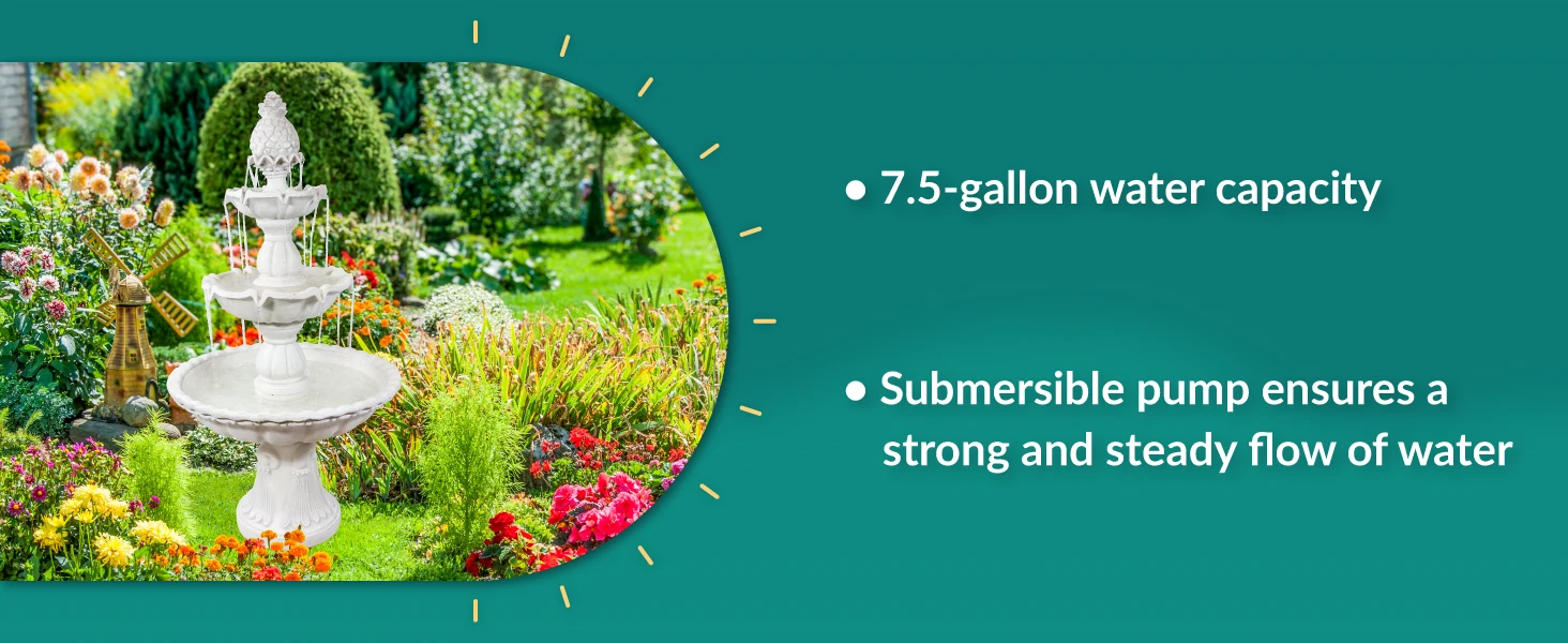 7.5 gallon water capacity submersible pump ensures a strong and steady flow of water