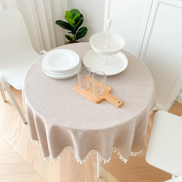 

Ins network red cotton linen fringe border water oil repellent tablecloth plain round table cloth small fresh Northern Europe