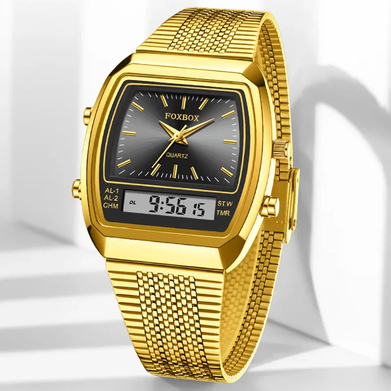 FOXBOX Fashion Ladies Quartz Watch Casual Waterproof Digital Watch For Women Simple Square Stainless Steel Luminous Watch Women