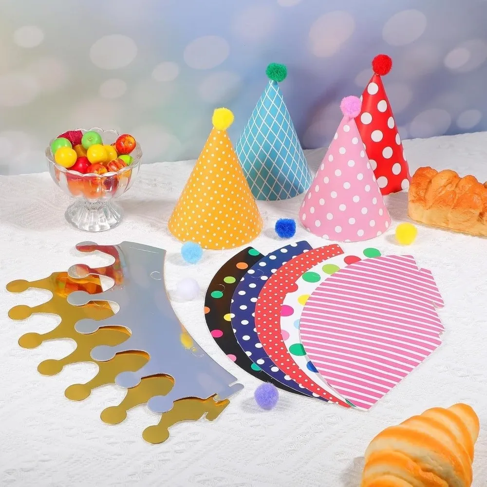 Polka Dot Birthday Party Hats with Pom Poms Paper Birthday Hat Set DIY Handmade Colorful Birthday Crown Hat Birthday Party
