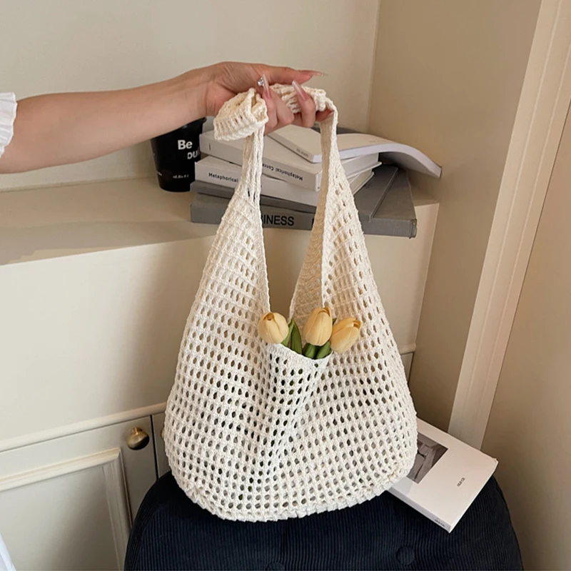 Crochet Shoulder Bag Leisure Beach Hollow Handbag Solid Color Vacation Woven Totes Bag Summer