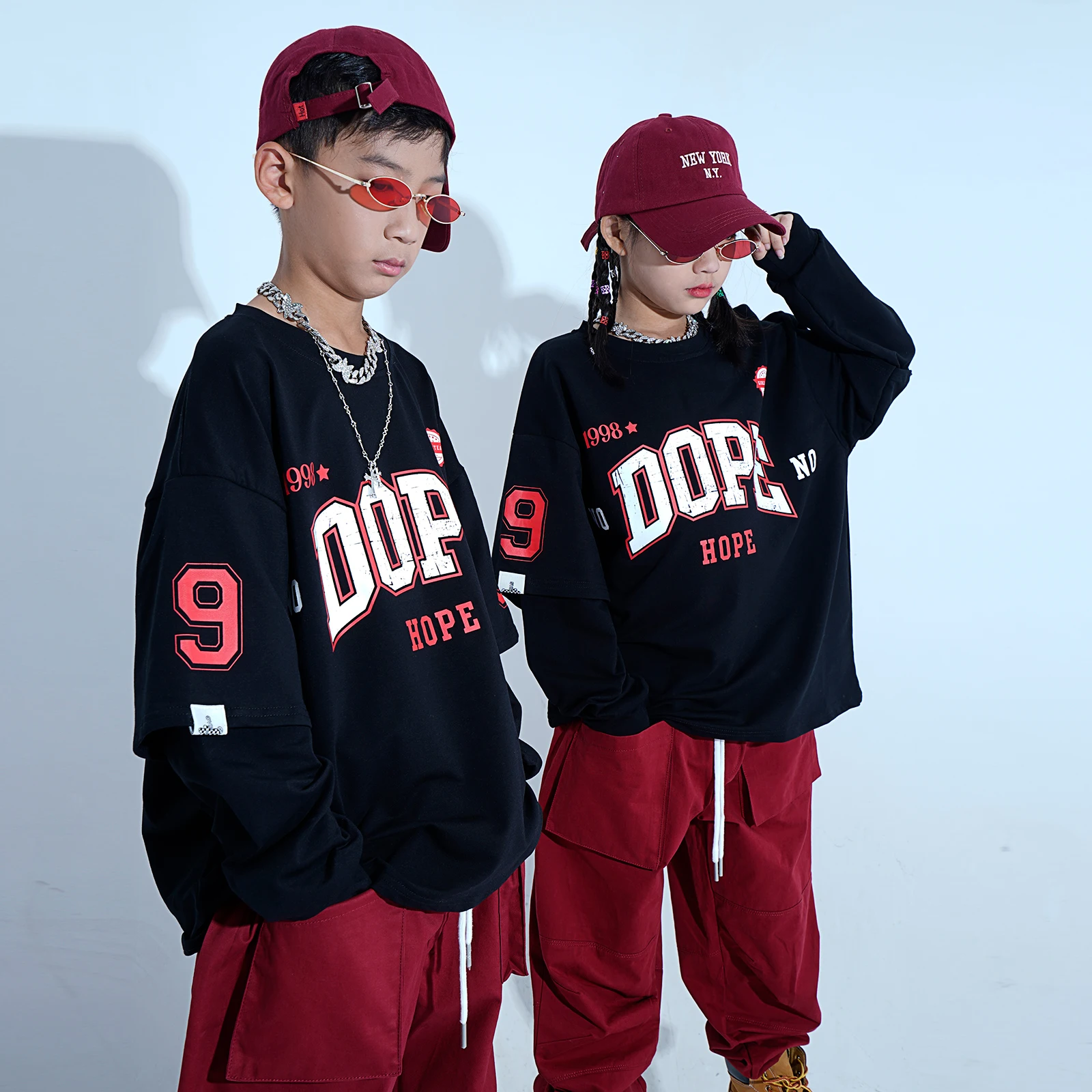 Jazz Dance Rave Clothes Boys Black Fake Two Piece Sweater Loose Pants Streetwear Girls Hip Hop Dance Streetwear DQS11031